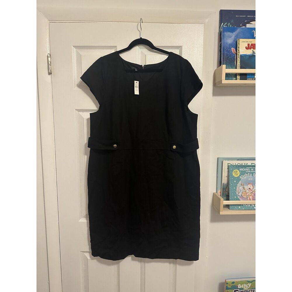 NWT Talbots Plus Size 20W Black Cap Sleeve Shift Dress Gold Button Waist